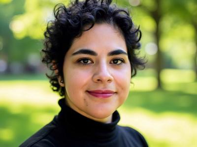 Libia has short dark hair wearing black shirt, green background