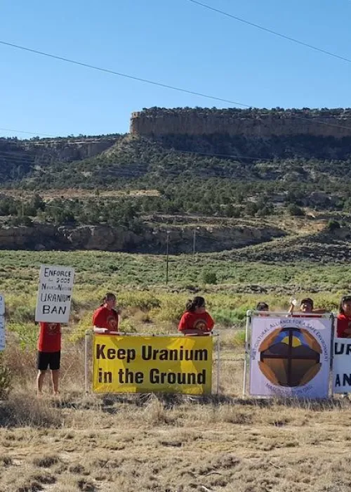 desert landscape with people holding signage