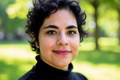 Libia has short dark hair wearing black shirt, green background