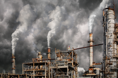 Dark skies with factory towers and pollution 