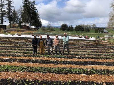 five people in a field of crops